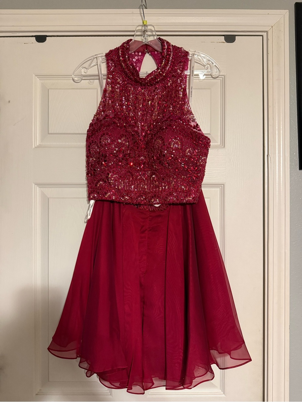 Sherri Hill Red Sequin & Beaded Two-Piece Sleeveless Homecoming Dress